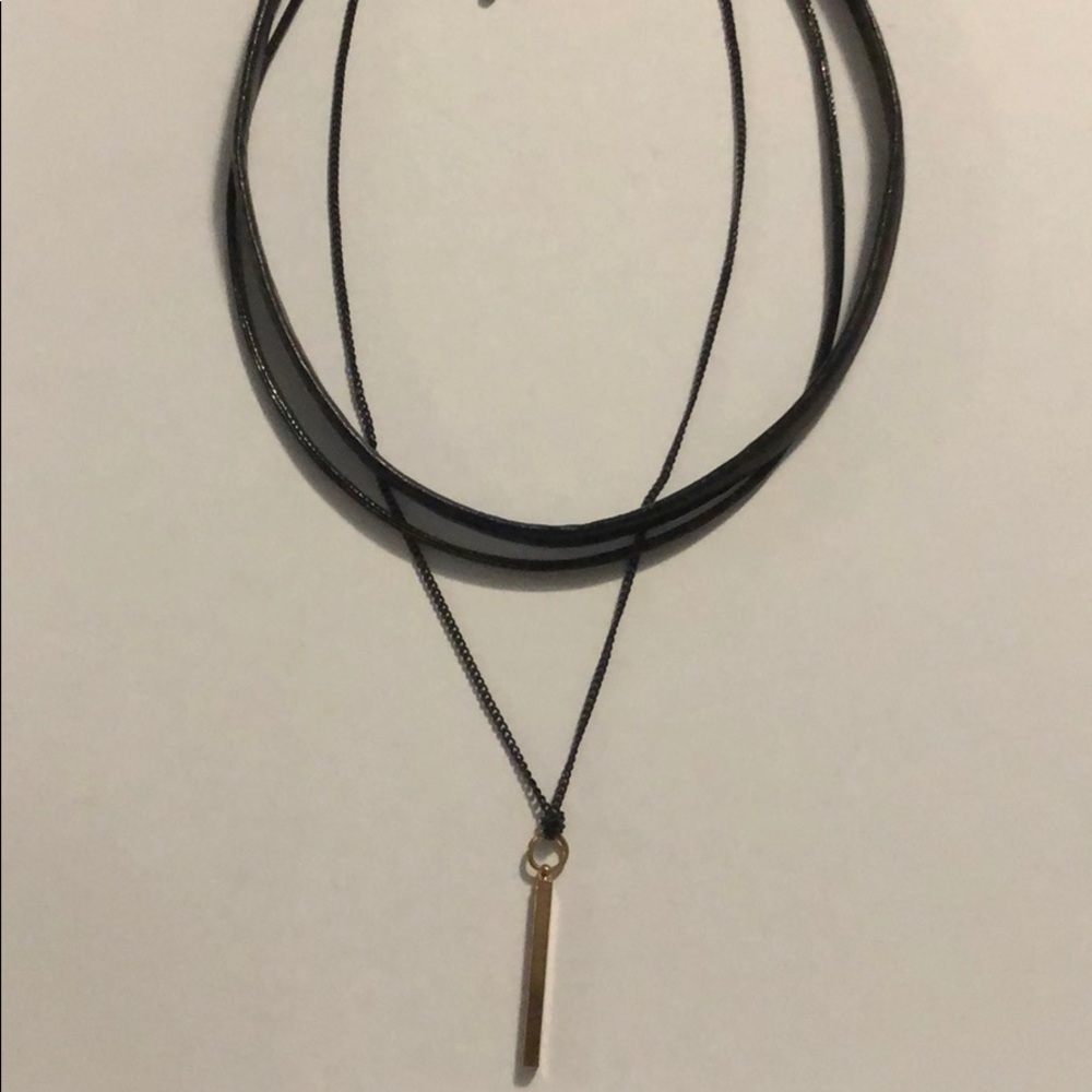 Two Band Leather Choker with Chain Choker with Bar